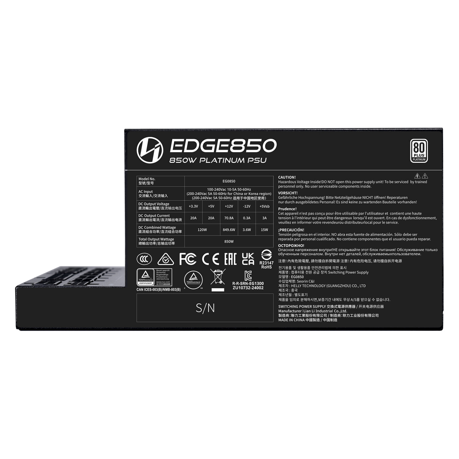 850W Lian Li EDGE EG0850 80 PLUS Platinum power supply, PCIe 5.1, ATX 3.1 - 850 Watt, black