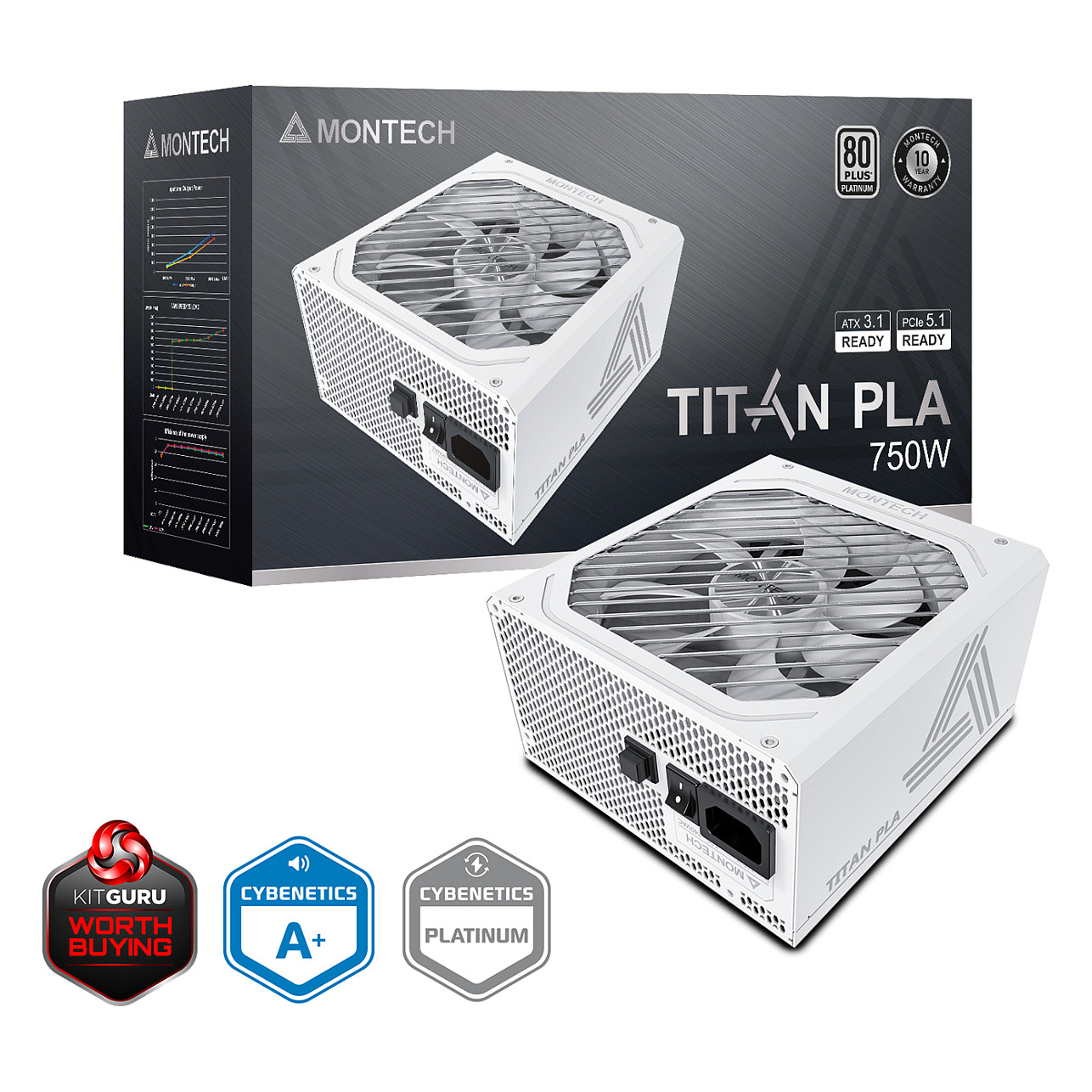 Montech Titan PLA 750W - 80 PLUS & Cybenetics Platinum, modular, PCIe 5.1 - 750 Watt, white