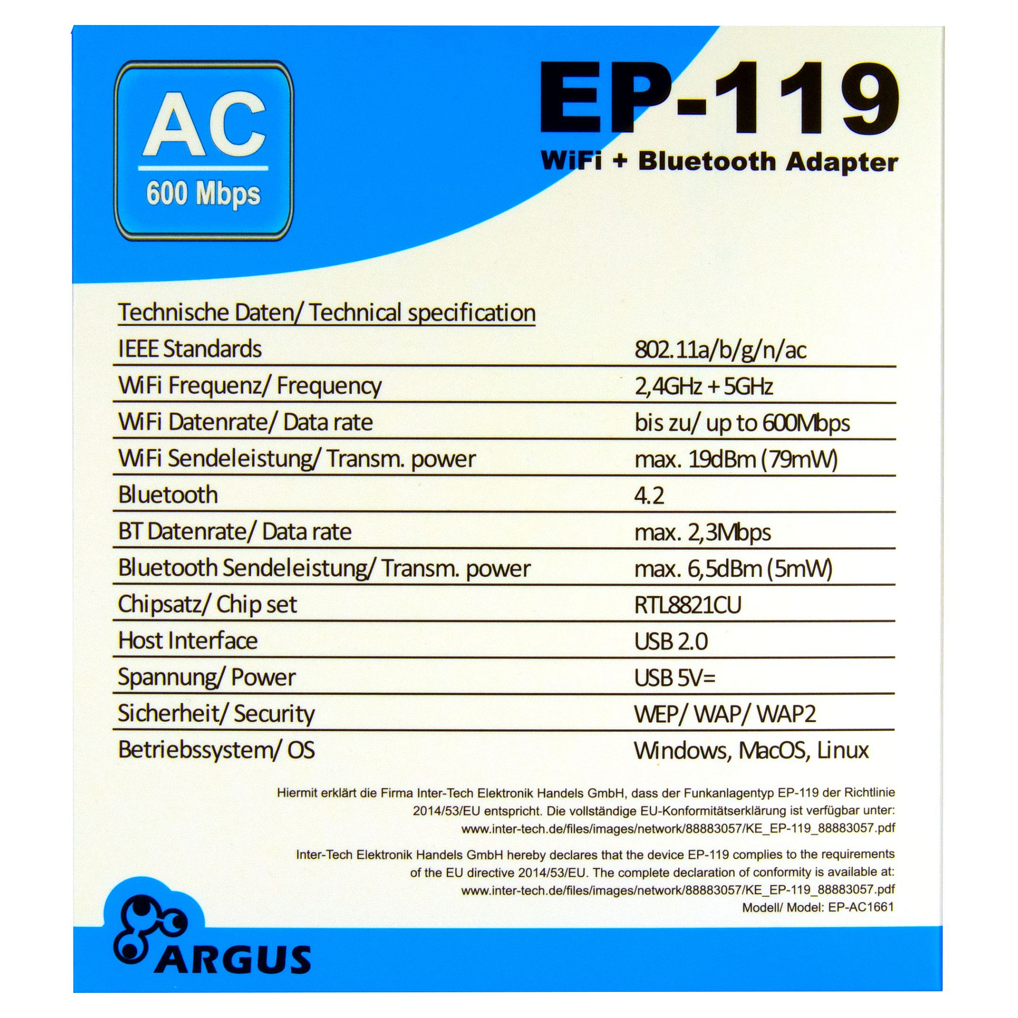 Inter-Tech Wi-Fi 5 USB Adapter Argus EP-119, Bluetooth 4.2