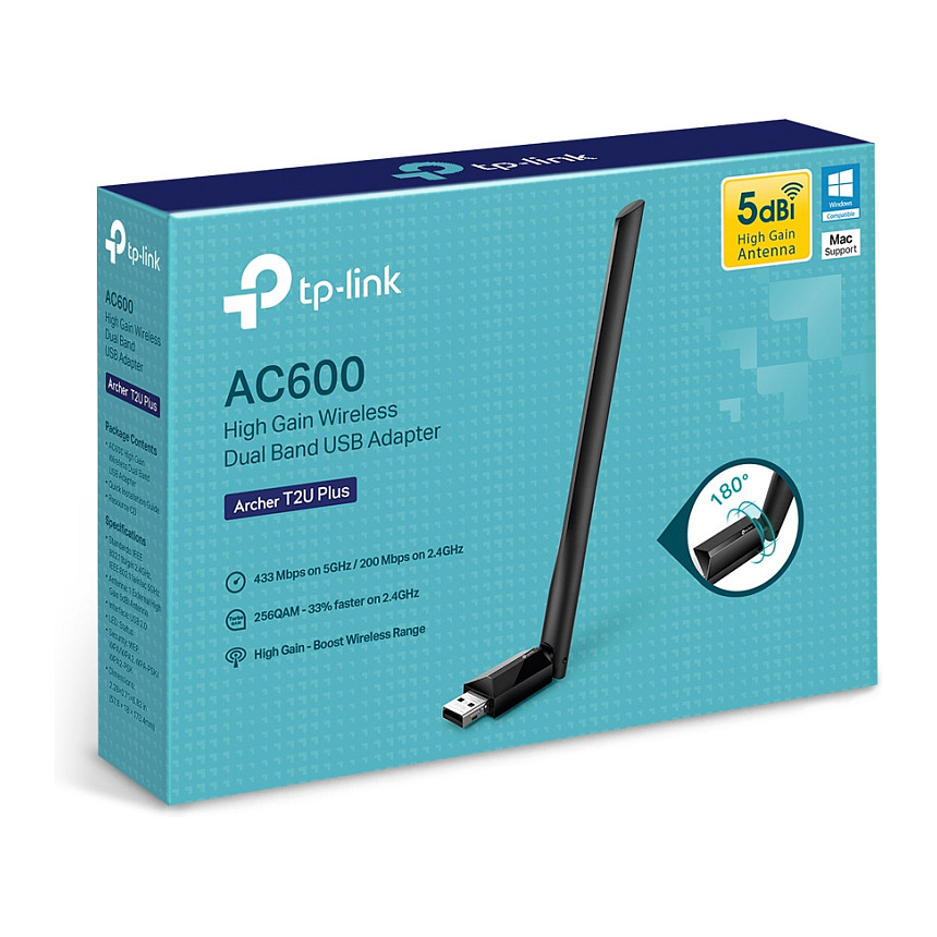 TP-LINK Archer T2U Plus - AC600 High Gain Dual Band Wi-Fi USB Adapter
