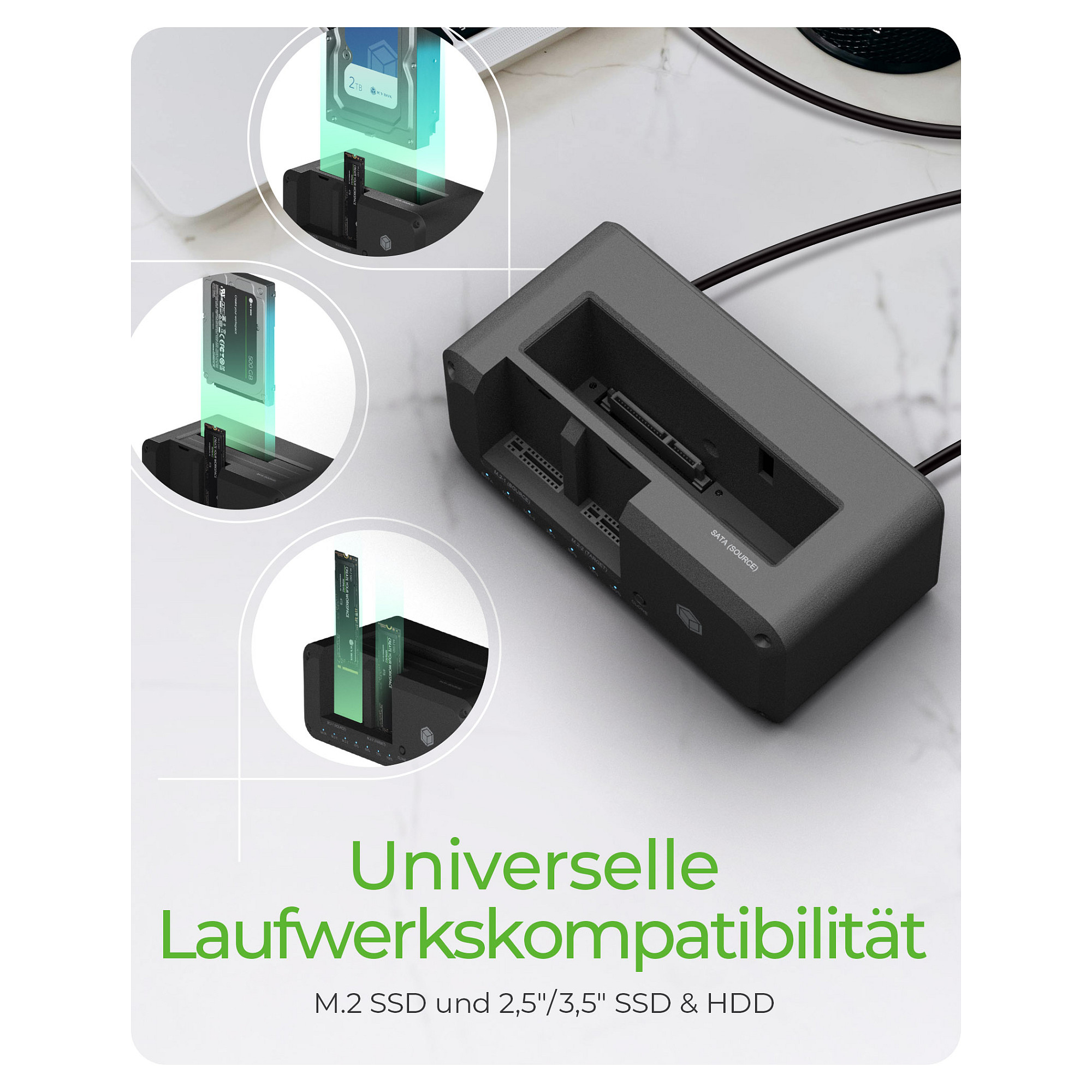 ICY BOX IB-2924MSCL-C31 USB-C 3.2 Klon- und DockingStation für 2,5"/3,5" SATA HDD und M.2 NVMe SSD