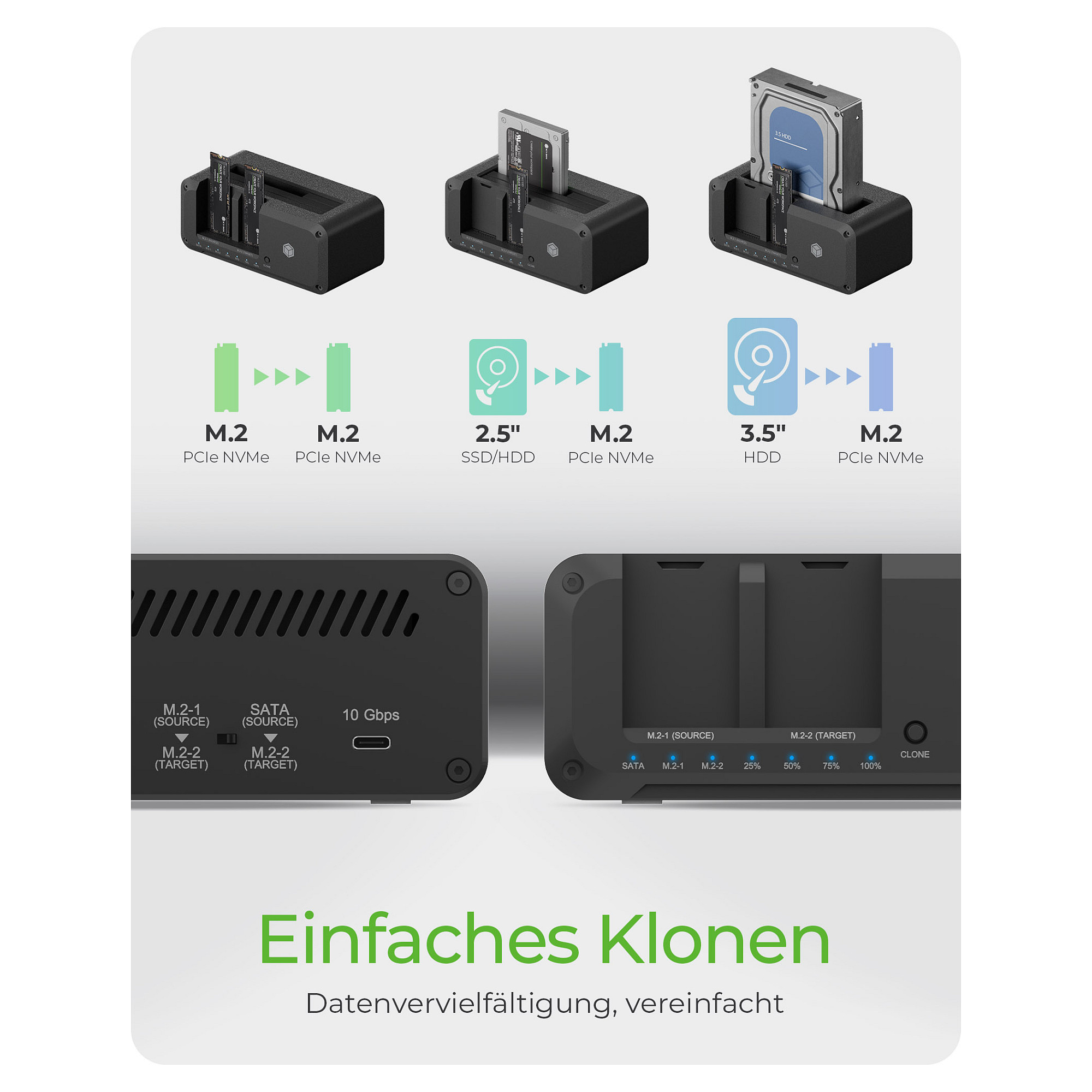 ICY BOX IB-2924MSCL-C31 USB-C 3.2 Klon- und DockingStation für 2,5"/3,5" SATA HDD und M.2 NVMe SSD