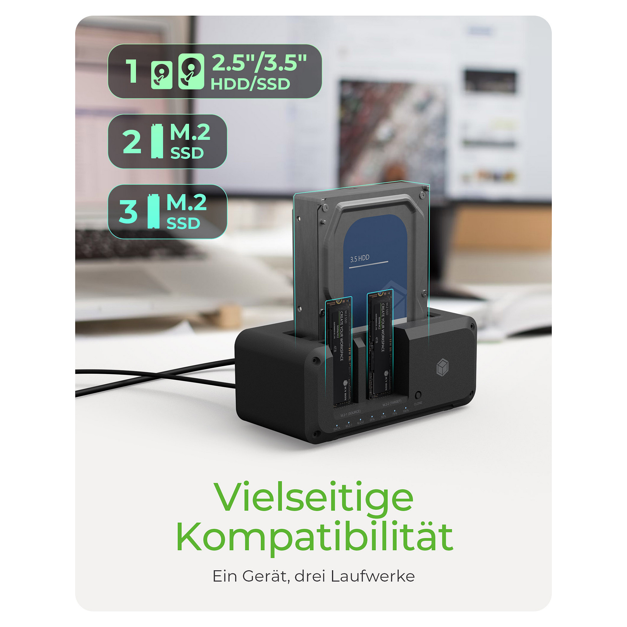 ICY BOX IB-2924MSCL-C31 USB-C 3.2 Klon- und DockingStation für 2,5"/3,5" SATA HDD und M.2 NVMe SSD