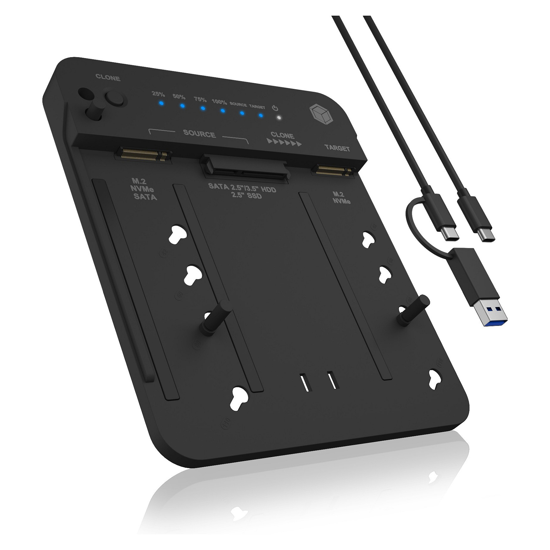 ICY BOX IB-2913MCL-C31 USB-C 3.2 Klon- und DockingStation für 2x M.2 NVMe/SATA SSD und 3,5"/2,5" HDD/SSD