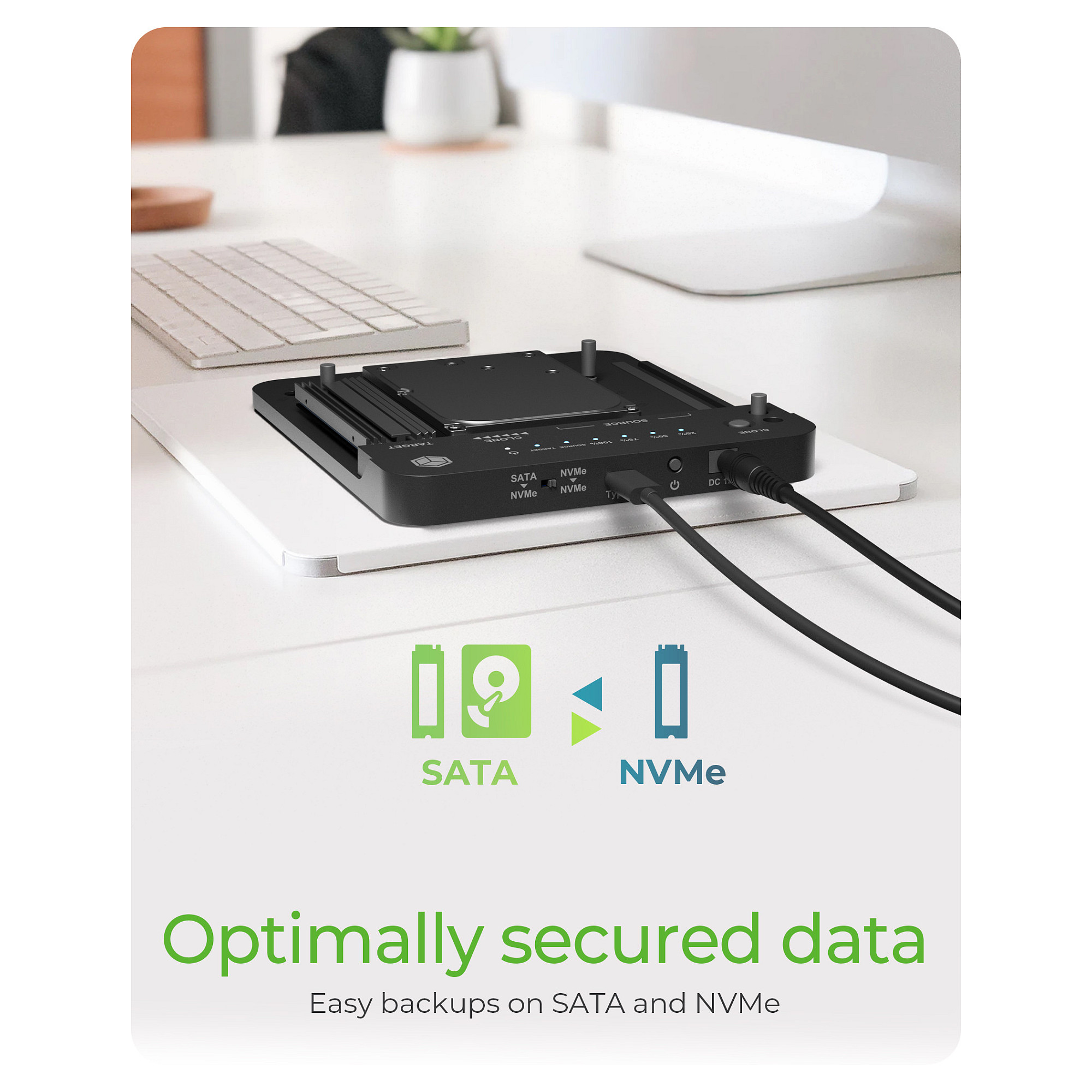 ICY BOX IB-2913MCL-C31 USB-C 3.2 Klon- und DockingStation für 2x M.2 NVMe/SATA SSD und 3,5"/2,5" HDD/SSD