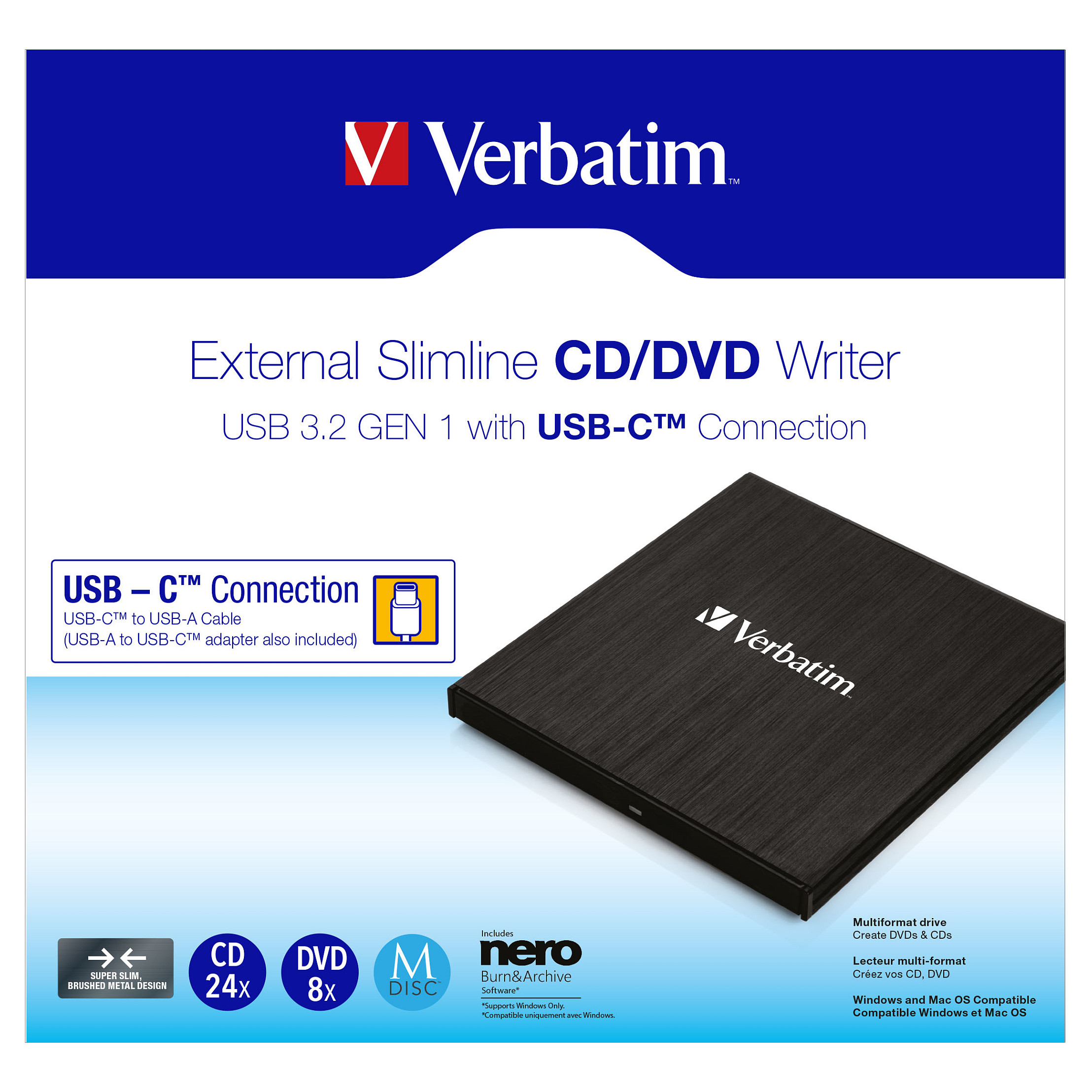 Verbatim Externer Slimline CD/DVD-Brenner mit USB-C-Anschluss