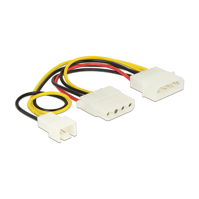 Delock Stromkabel 4 Pin Stecker > 1 x 4 Pin Buchse + 1 x 3 Pin Stecker (Lüfter) 14 cm