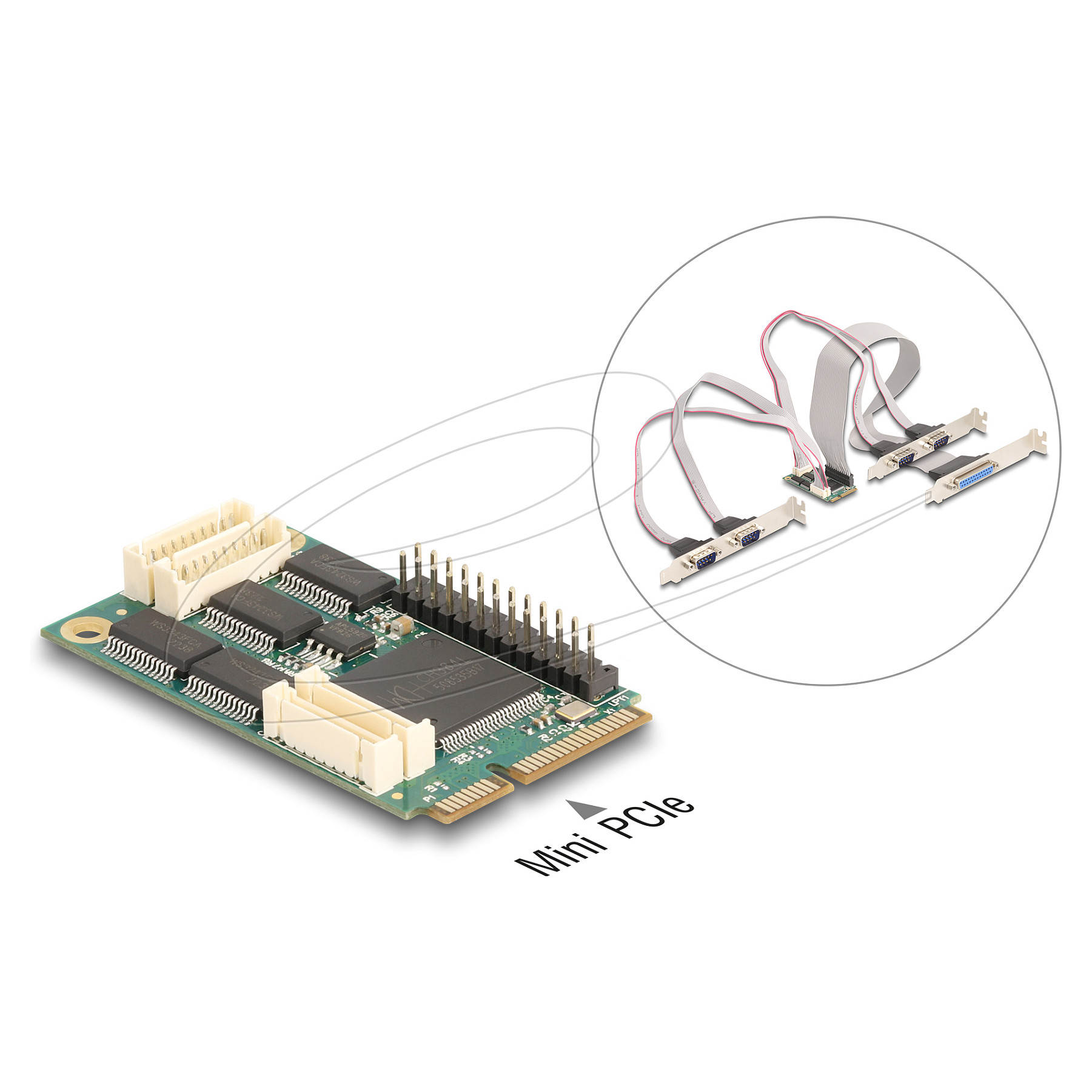 Mini PCIe I/O PCIe full size 4 x Seriell RS-232, 1 x Parallel
