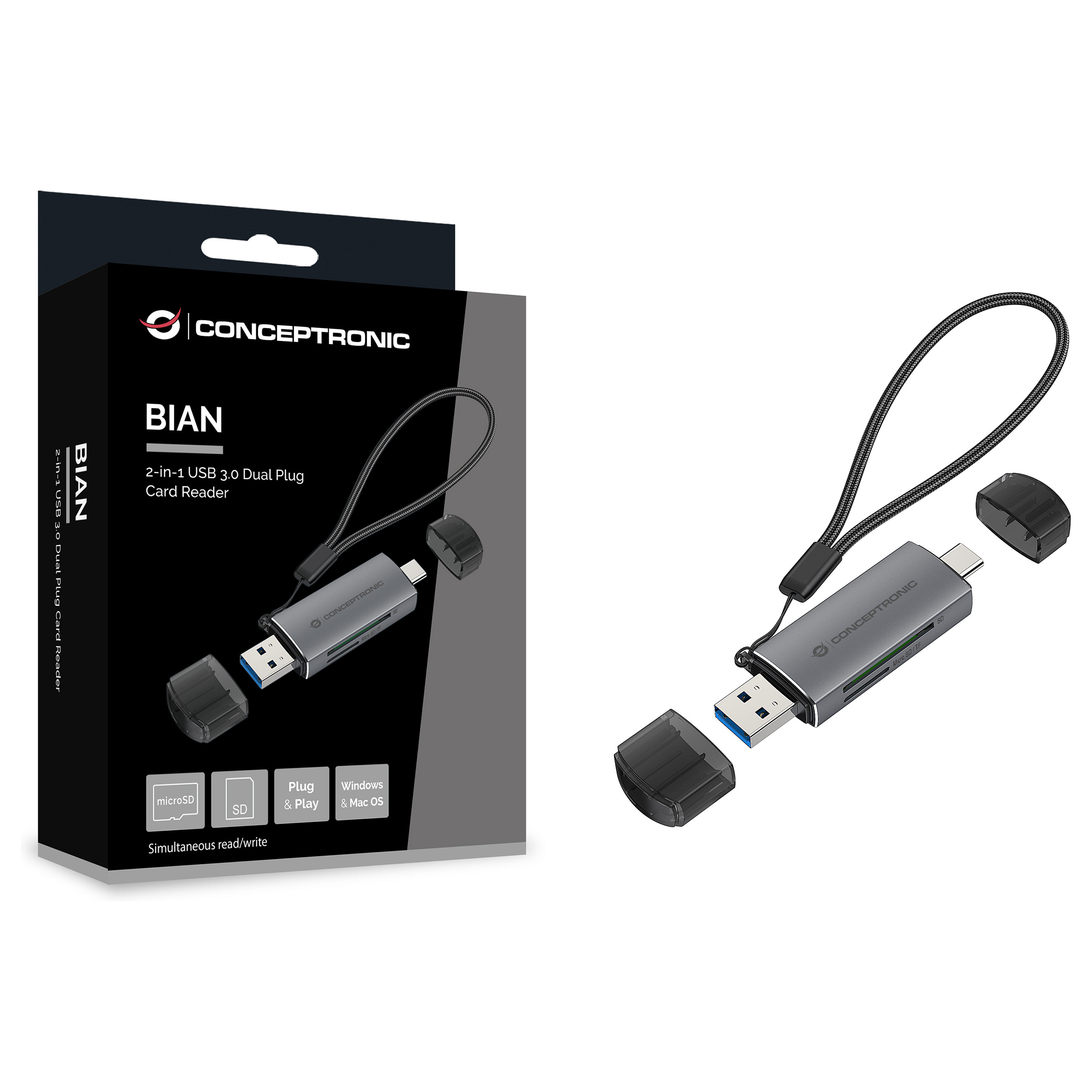 CONCEPTRONIC Kartenleser USB-A/-C3.2->TF/Micro-SD3.0 schwarz