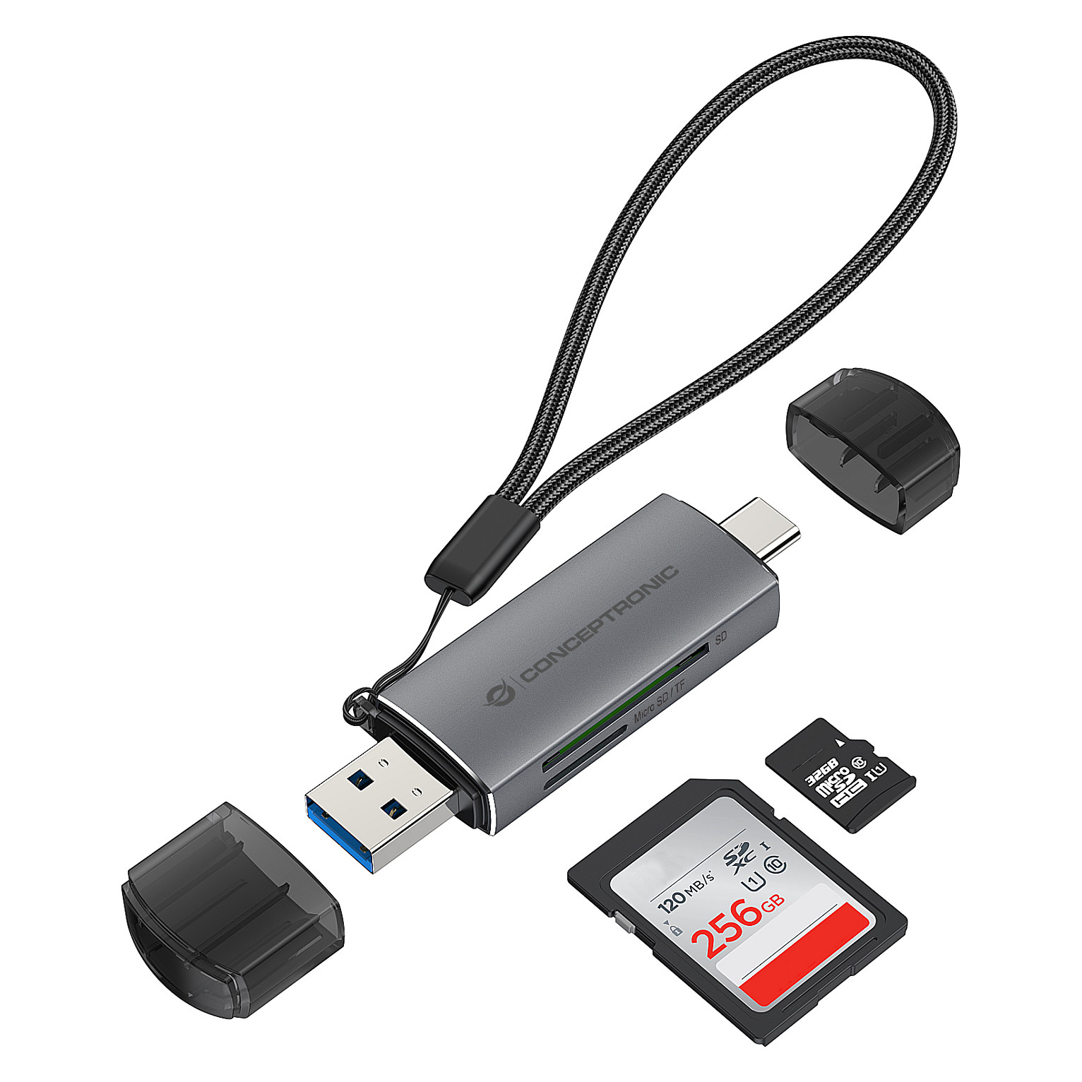 CONCEPTRONIC Kartenleser USB-A/-C3.2->TF/Micro-SD3.0 schwarz