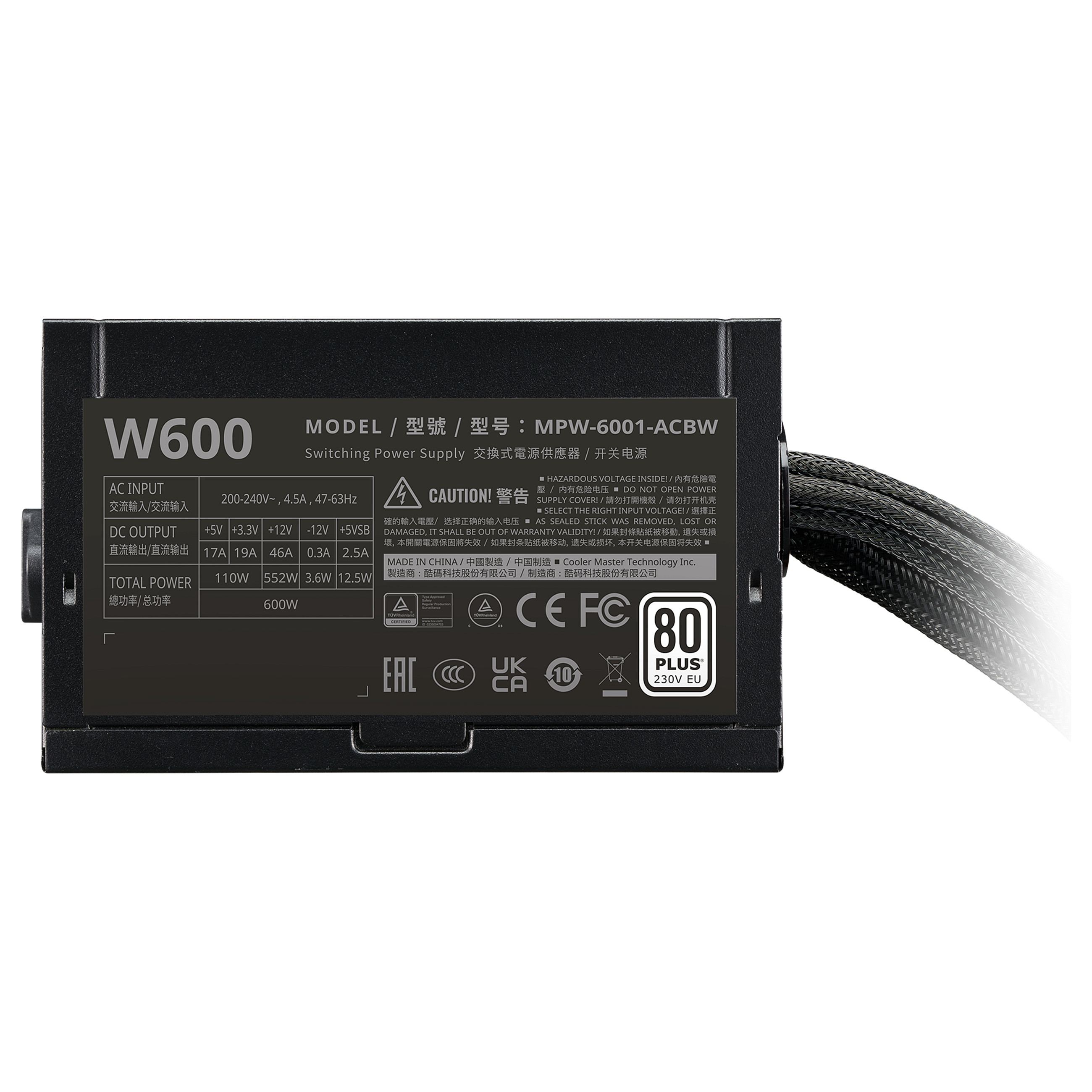 600W Cooler Master Power Supply Elite NEX W600 230V A EU Black Cable