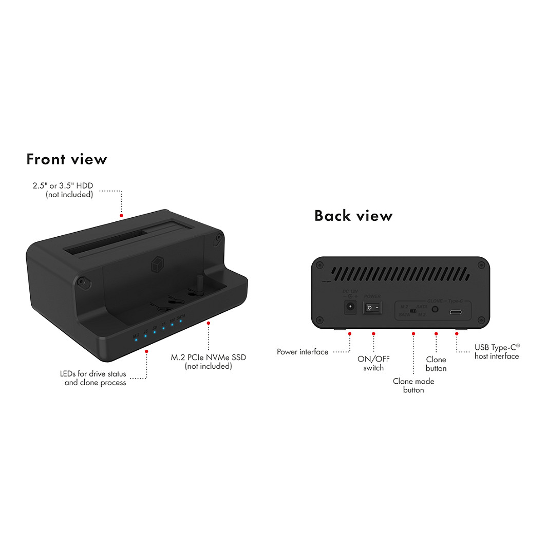 ICY BOX IB-2914MSCL-C31 Klon- und DockingStation für M.2 NVMe SSD und 3.5"/2.5" SATA HDD/SSD